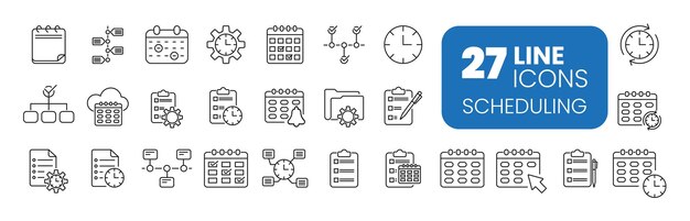 Conjunto de iconos de contorno relacionados con el icono de vector de tiempo de calendario de gestión de programación