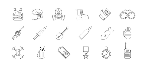 Conjunto de iconos de contorno simple militar y del ejército Icono de guerra munición símbolo aislado Ilustración vectorial