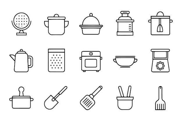 Conjunto de iconos de contorno de trazo negro relacionados con el concepto de utensilios de cocina y vajilla