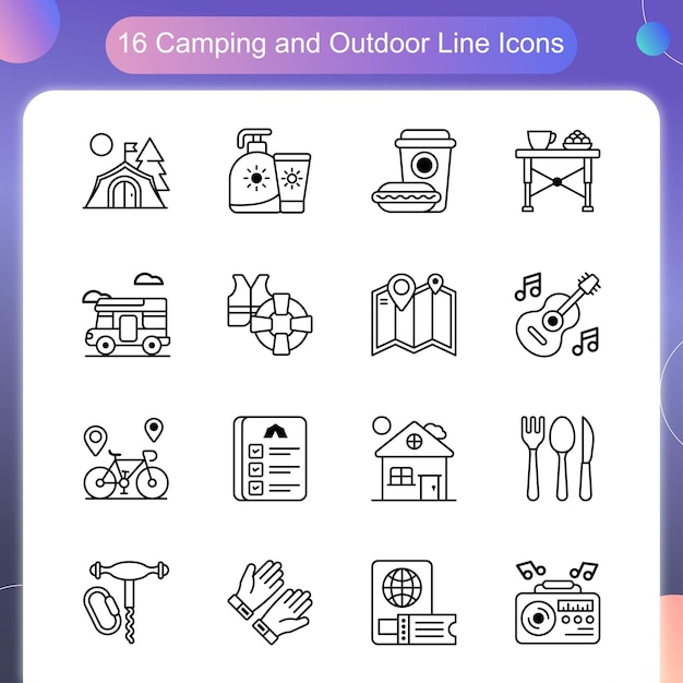 Conjunto de iconos de contorno vectorial al aire libre para acampar 02