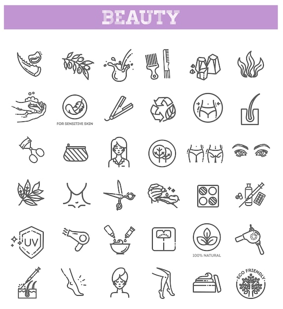 Conjunto de iconos de contorno vectorial de belleza Tratamiento de belleza