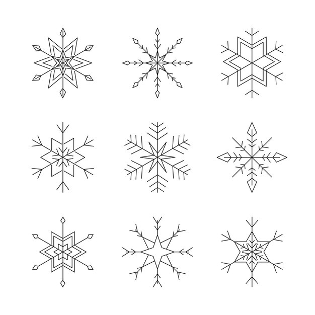 Conjunto de iconos de contorno vectorial de copo de nieve Concepto de Navidad y año nuevo Arte lineal Ilustración vectorial