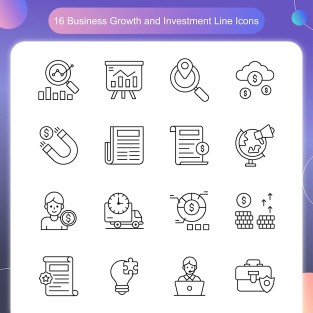 Conjunto de iconos de contorno vectorial de inversión y crecimiento empresarial 03