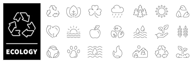 Conjunto de iconos de contornos vectoriales de ecología y cuidado del medio ambiente Iconos de protección de la naturaleza y reciclaje