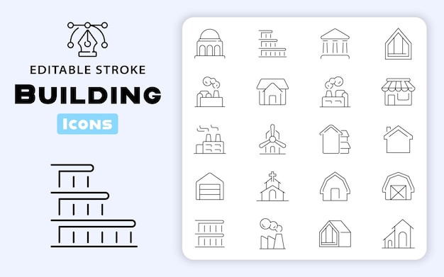 Conjunto de iconos de contornos vectoriales de edificios para la industria y los bienes raíces Iconos de fábricas y propiedades