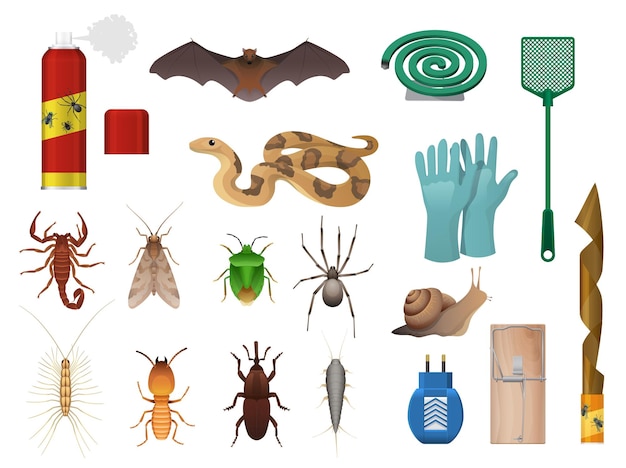 Vector conjunto de iconos de control de insectos y plagas agrícolas