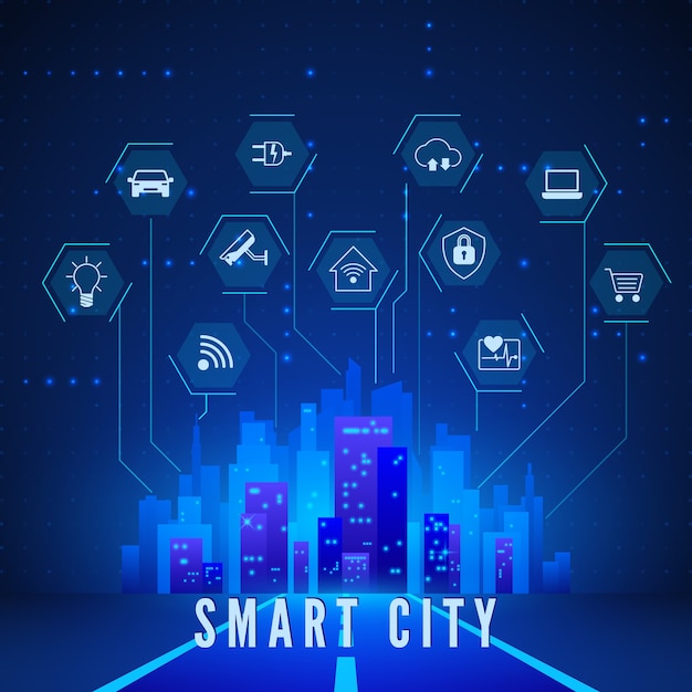 Vector conjunto de iconos de control y monitoreo de sistema y paisaje de ciudad inteligente