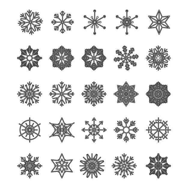 Conjunto de iconos de copo de nieve, aislado sobre fondo blanco. Símbolos de contorno de moda. Pack de iconos en estilo de línea. Feliz Navidad. Feliz Año Nuevo. Invierno. Ilustración vectorial.