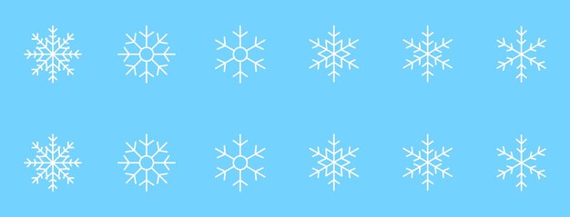 Conjunto de iconos de copo de nieve Ornamento de cristal de hielo blanco en un fondo azul Símbolo de invierno Síntoma de logotipo de Navidad Ilustración vectorial Trucado editable