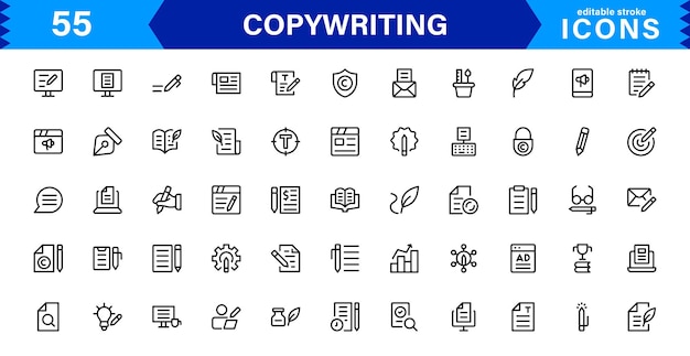Conjunto de iconos de copywriting con creación de contenido, escritura, edición, marketing y símbolos de comunicación en un diseño profesional basado en vectores
