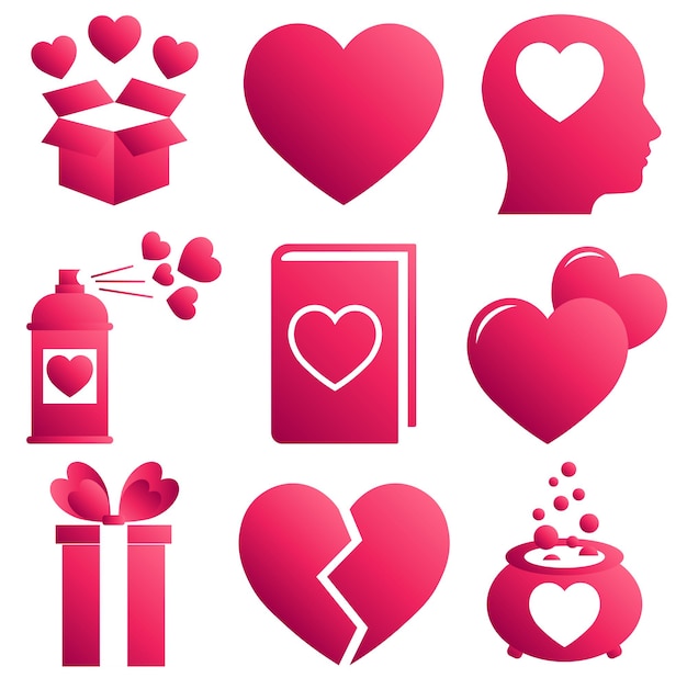 Conjunto de iconos de corazón con color rosa degradado para el día de san valentín. concepto de amor