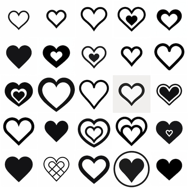Conjunto de iconos de corazón de contorno negro para temas de amor y emoción