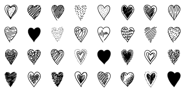 Conjunto de iconos de corazón de doodle únicos Dibujos de formas bosquejadas a mano alzada