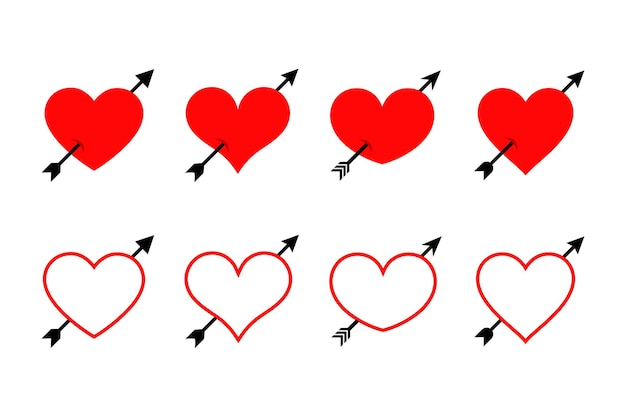 Conjunto de iconos de corazón perforado o iconos vectoriales de corazón y flecha
