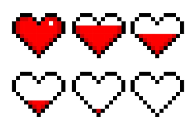 Conjunto de iconos de corazón pixelado Amor digital emociones de afecto estilo retro pixel art nostalgia expresión digital Videojuegos de 8 bits Icono de línea vectorial para negocios y publicidad