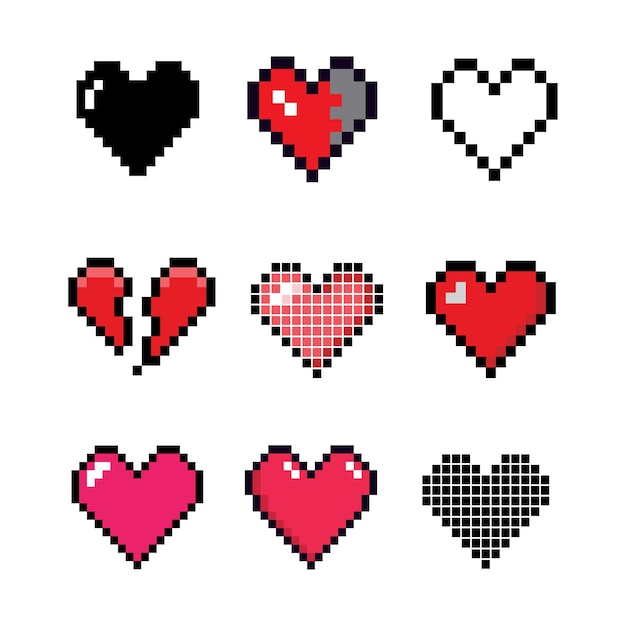 Conjunto de íconos de corazón Retro Iconos de amor de píxeles para diseño digital