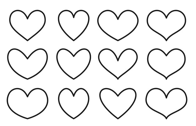 Vector conjunto de iconos de corazones de amor glifo de romance de forma de corazón diferente como símbolo marcos de línea negra día de san valentín boda esquema abstracto signo estilizado emoción romántica plantilla de sello de tinta de scrapbooking