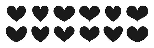 Vector conjunto de iconos de corazones de amor glifo de romance de forma de corazón diferente como símbolo marcos de silueta negra boda de día de san valentín signo estilizado abstracto emoción romántica plantilla de plantilla de plantilla de sello de tinta de scrapbooking