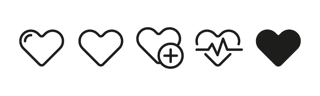 Conjunto de íconos de corazones Una colección de íconos que representan corazones universalmente reconocidos como símbolos de amor, afecto y emociones. Estos íconos se pueden usar para representar relaciones amorosas y románticas.