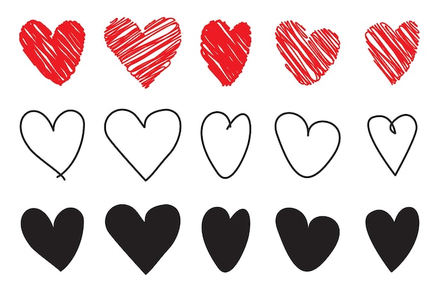 Conjunto de iconos de corazones corazones dibujados a mano rojos corazones simples negros símbolos de amor vectoriales