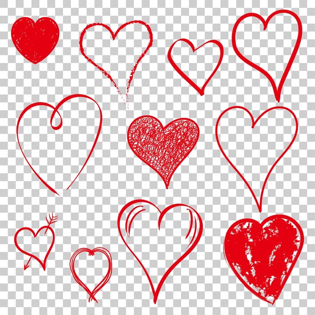 Conjunto de iconos de corazones Ilustración vectorial dibujada a mano de amor en fondo aislado