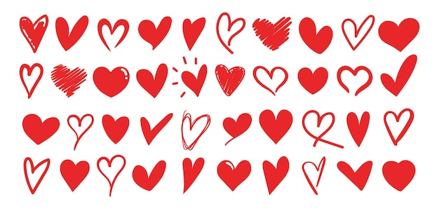 Conjunto de iconos de corazones rojos de diferentes formas, corazones vectoriales dibujados a mano
