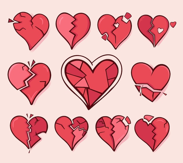 Conjunto de iconos de corazones rotos Colección de corazones roto rojos angustiados que simbolizan el dolor roto la tristeza la devastación el concepto de relación rota