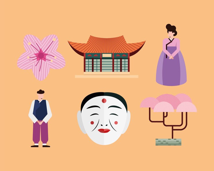 Vector conjunto de iconos de corea del sur sobre fondo naranja