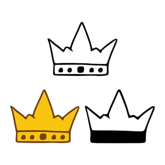 Conjunto de iconos de corona en estilos de garabatos aislados en fondo blanco