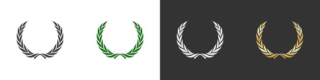 Conjunto de iconos de corona de laurel Símbolo de triunfo ganador negro verde y oro ilustración Vector emblema aislado