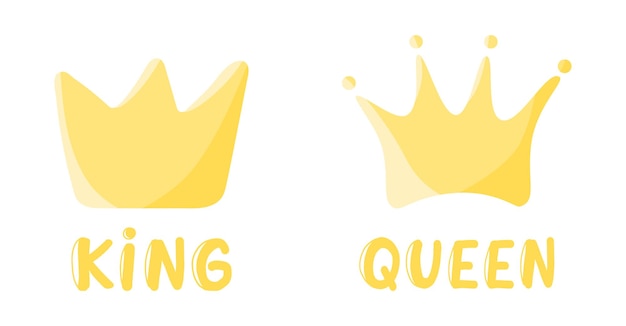 Conjunto de iconos de corona de oro de dibujos animados aislado sobre fondo blanco Concepto de tarjeta de letras de rey y reina de persona real Ilustración de vector de Doodle para niños Diseño de póster de guardería Estampados de camisetas