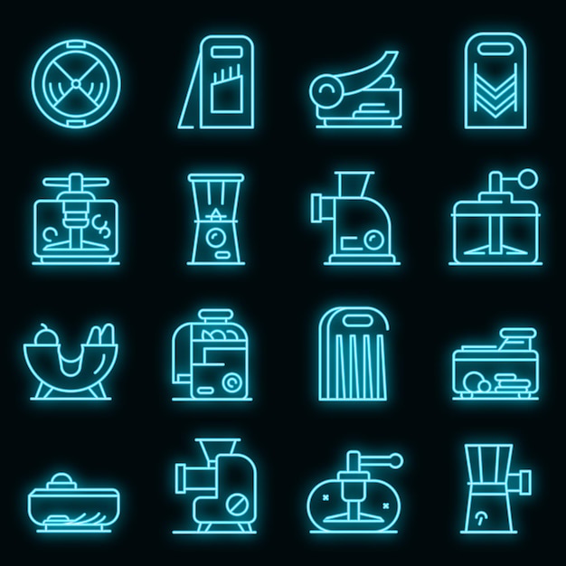 Conjunto de iconos de cortador de verduras. Esquema conjunto de iconos de vector de cortador de vegetales color neón en negro