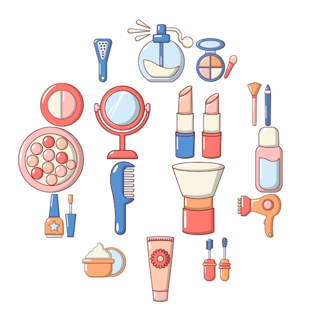 Conjunto de iconos de cosméticos, estilo de dibujos animados