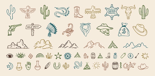 Conjunto de iconos de cowboy del oeste salvaje dibujados a mano signos boho colección de elementos aztecas del suroeste