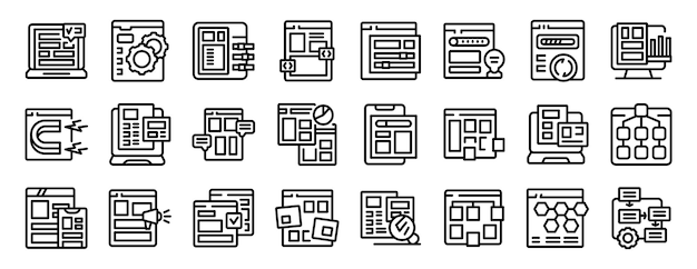 Conjunto de íconos de creación de mapas de sitio Íconos de diseño web que muestran el diseño y la programación del desarrollo del sitio web