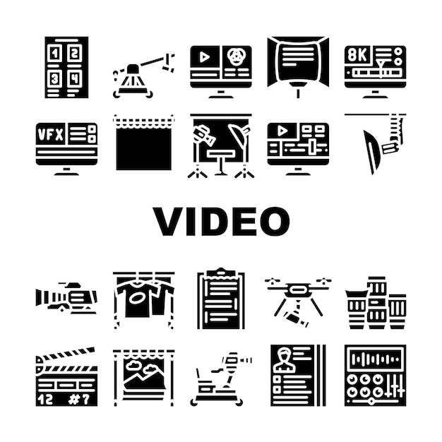 Conjunto de iconos de creación y producción de video Cámara vectorial y carro para operador Clapperboard y Teleprompter Equipo de producción de video Actor de línea Casting Scenario Glyph Pictograms Black Illustrations
