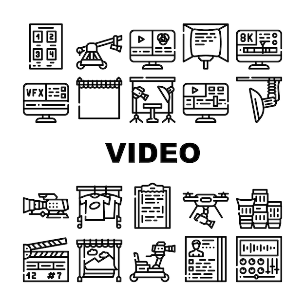 Conjunto de iconos de creación y producción de video Cámara vectorial y carro para operador Clapperboard y Teleprompter Equipo de producción de video Ilustraciones de contorno