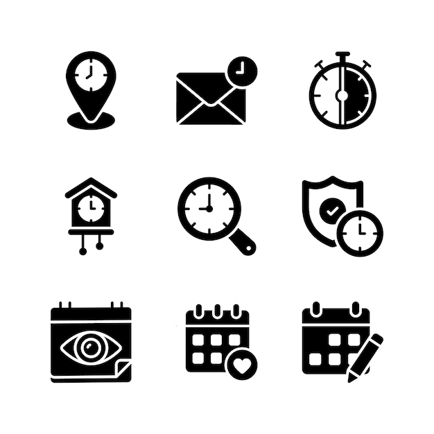 Un conjunto de iconos creativos relacionados con la programación y la comunicación de la gestión del tiempo