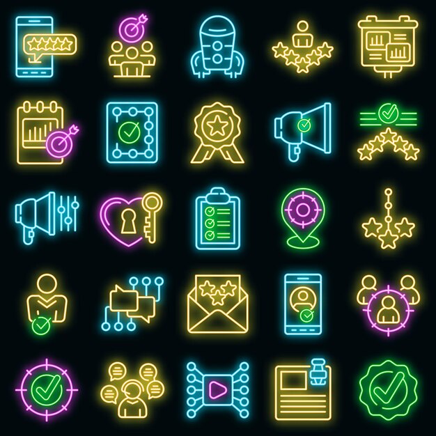 Conjunto de iconos de credibilidad. Esquema conjunto de iconos de vector de credibilidad color neón en negro