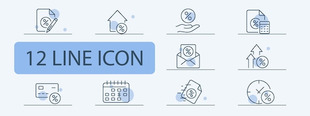Conjunto de iconos de crédito Crédito depósito interés cuotas descuentos límite de crédito firmar un acuerdo Concepto de finanzas Fondo de color pastel Vector 12 icono de línea para negocios