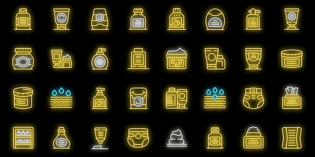 Conjunto de iconos de crema de pañales neón vectorial