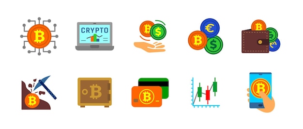 Conjunto de iconos criptográficos coloridos Símbolos blockchain bitcoin billeteras digitales y transacciones de criptomonedas