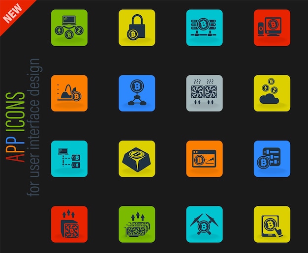 Conjunto de iconos de criptomoneda y minería