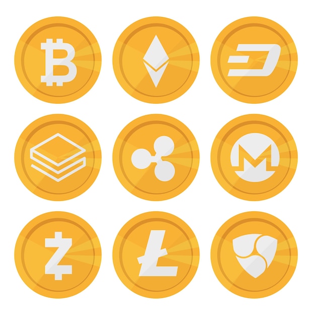 Conjunto de iconos de criptomonedas para dinero de Internet. Seguro basado en blockchain. Signo de vector aislado. Principales monedas de criptomonedas