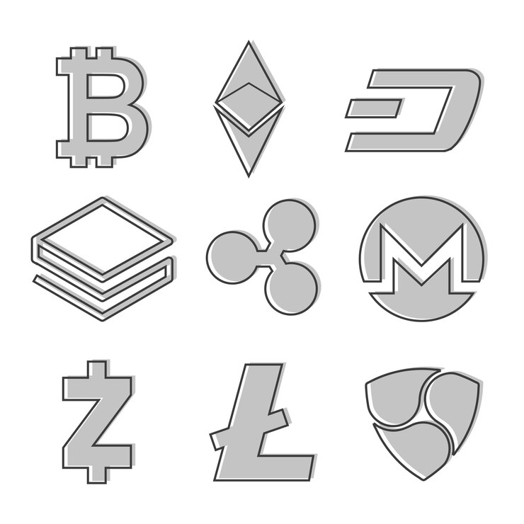 Vector conjunto de iconos de criptomonedas. diseño de línea en color gris. vector. criptomoneda sobre fondo blanco, moneda digital, dinero digital futurista