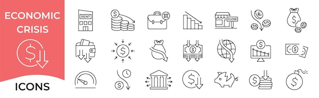 Conjunto de iconos de crisis económica Finanzas de crisis y dinero en estilo de línea Ilustración vectorial