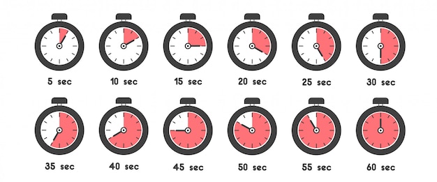 Conjunto de iconos de cronómetro con tiempo diferente. reloj deportivo con significado de tiempo de color rojo
