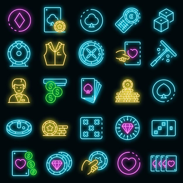 Conjunto de iconos de croupier. Esquema conjunto de color neón de los iconos vectoriales Croupier en negro