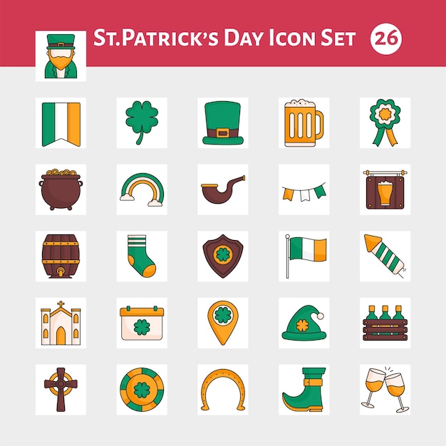 Conjunto de iconos cuadrados del día 26 de San Patricio en estilo plano