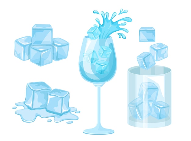 Vector conjunto de iconos de cubitos de hielo, bloques de hielo de cristal aislado sobre fondo blanco. vidrio azul, piezas heladas para enfriar bebidas